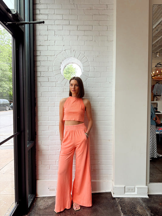 HALTER NECK PANT SET- NEON CORAL