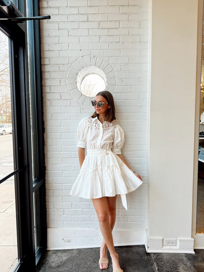 EMBROIDERED PUFF SLEEVE MINI SHIRT DRESS