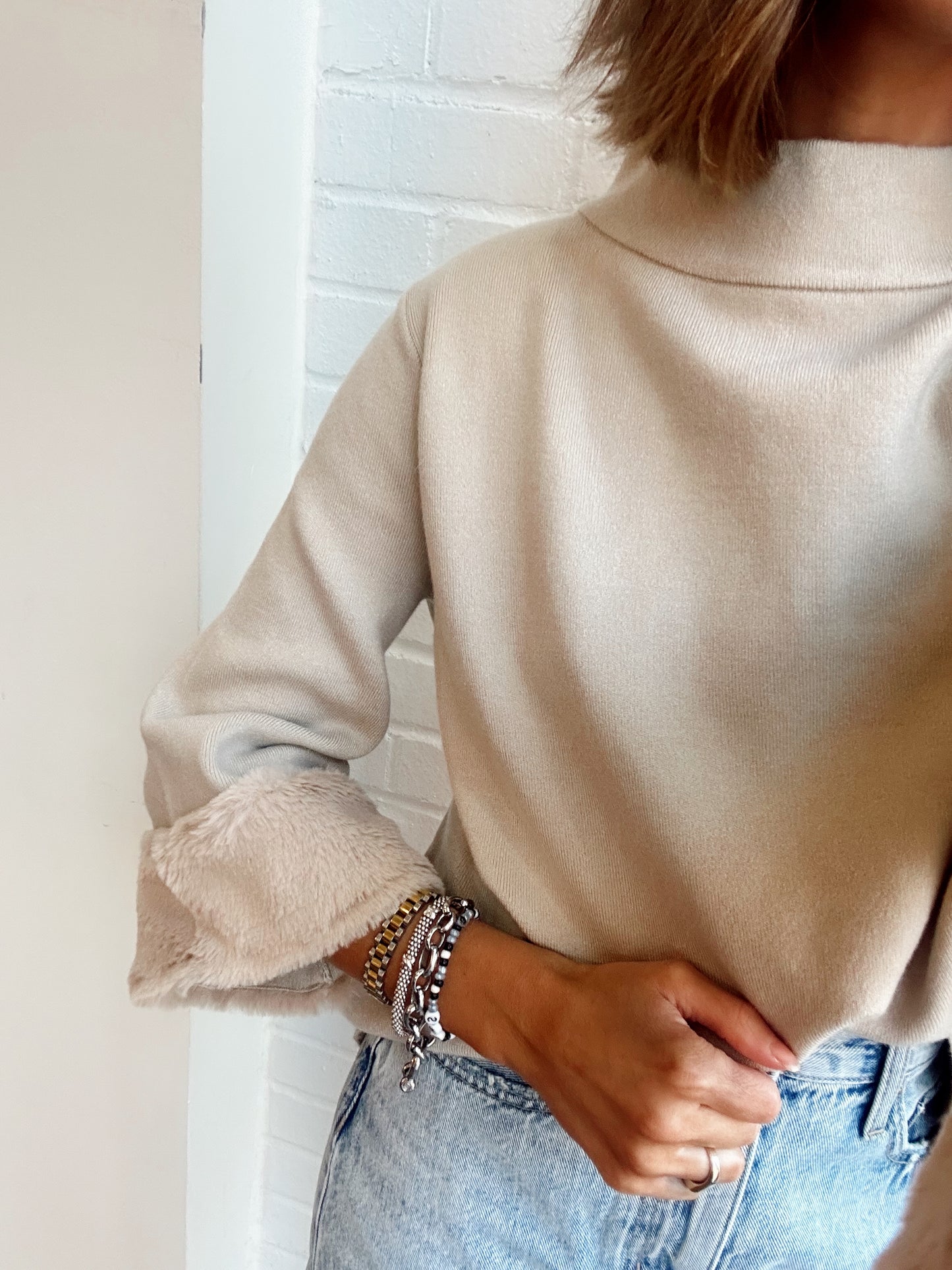 FUR SLEEVE MOCK NECK SWEATER