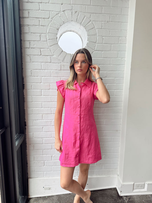 LINEN FLUTTER SLEEVE DRESS