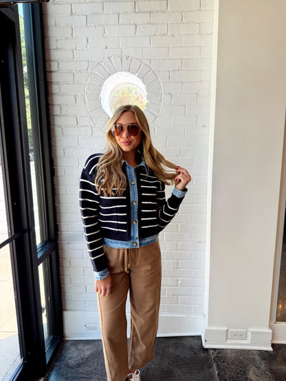 STRIPE KNIT & DENIM CARDIGAN