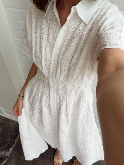 CINCHED WAIST EYELET MIDI DRESS