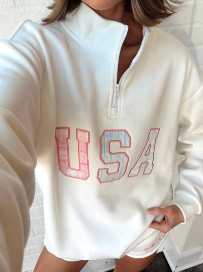 FLEECE QUARTER ZIP W/ USA APPLIQUE