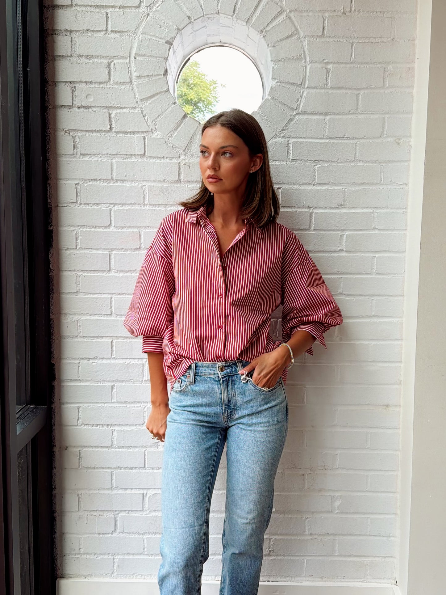 STRIPED BALLON SLEEVE SHIRT