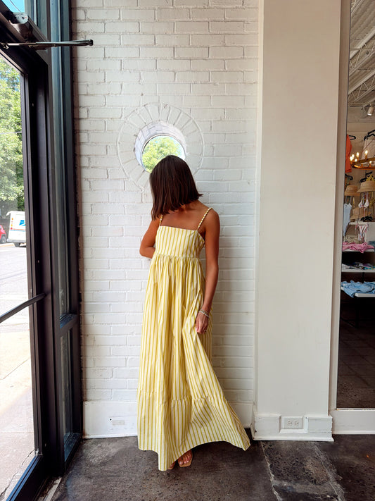 STRIPED MAXI DRESS W/ BEADED STRAPS