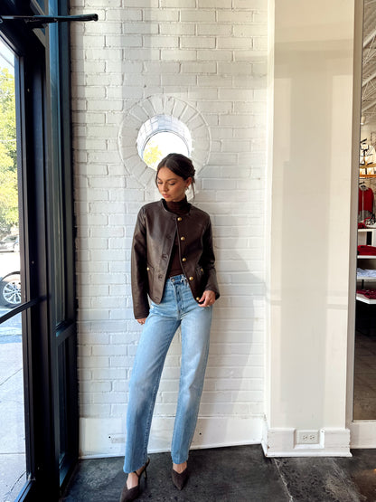 VEGAN LEATHER JACKET W/ GOLD BUTTONS