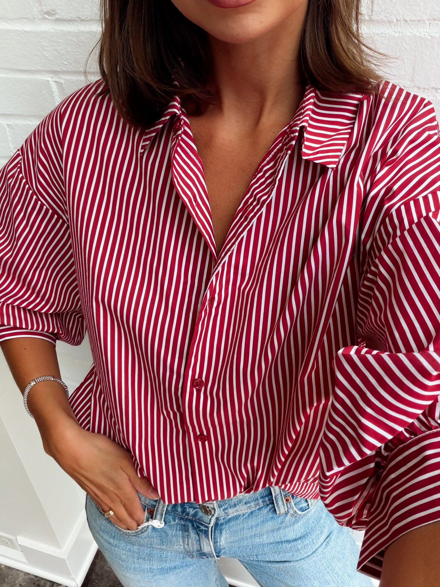 STRIPED BALLON SLEEVE SHIRT