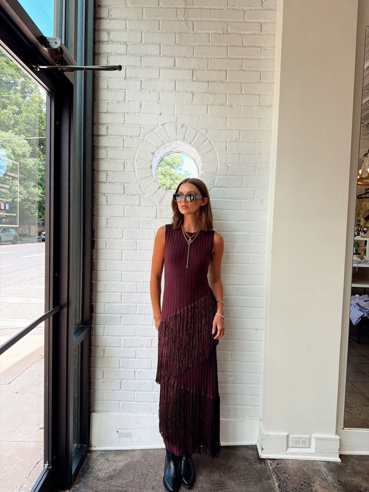 AYSMMETRIC FRINGE MAXI DRESS