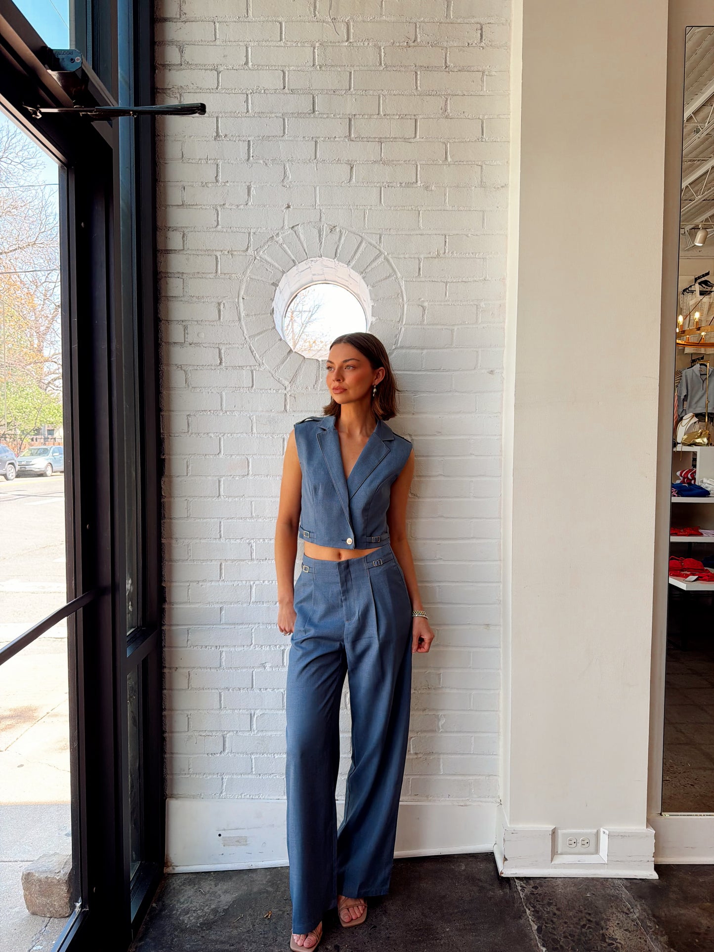 SIDE DETAILED TAILORED VEST- DUSTY BLUE
