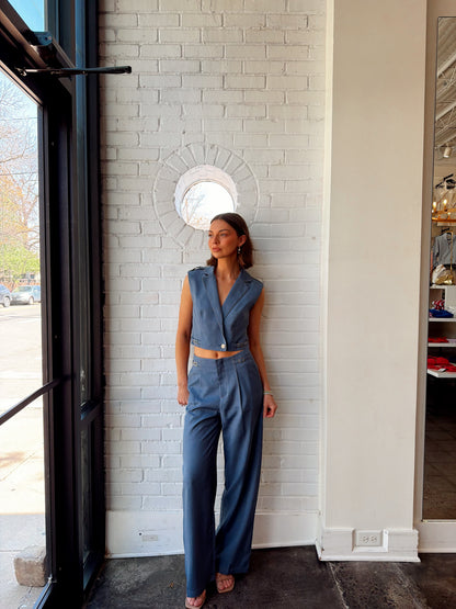 SIDE DETAILED TAILORED VEST- DUSTY BLUE