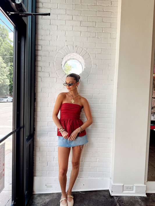 BUBBLED PEPLUM TUBE TOP
