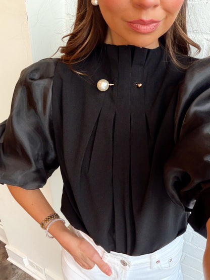 PEARL DETAIL SHEER PUFF SLEEVE BLOUSE
