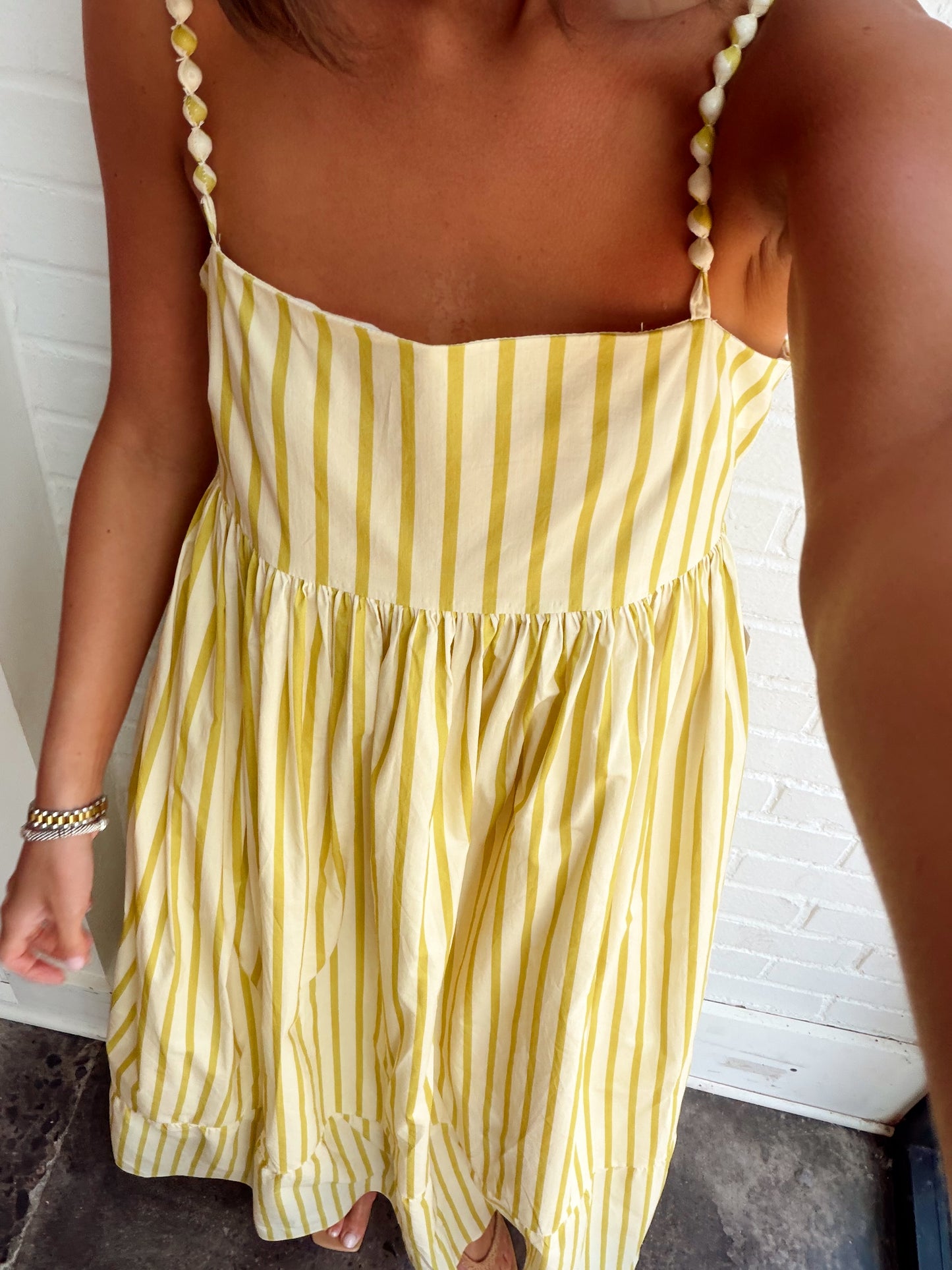 STRIPED MAXI DRESS W/ BEADED STRAPS