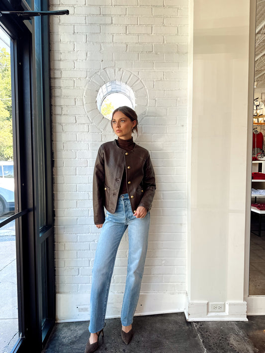 VEGAN LEATHER JACKET W/ GOLD BUTTONS