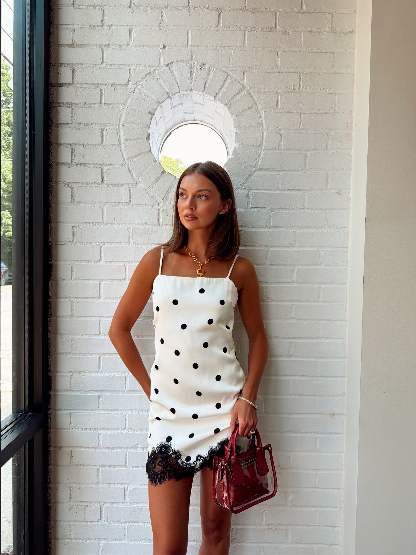 LACE POLKA DOT SLIP MINI DRESS