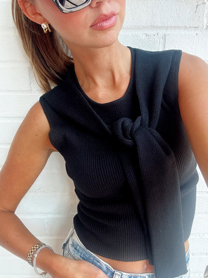 SLEEVE TIE DETAIL SLEEVELESS SWEATER TOP