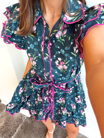 FLORAL RUFFLE SLEEVE TIE DRESS