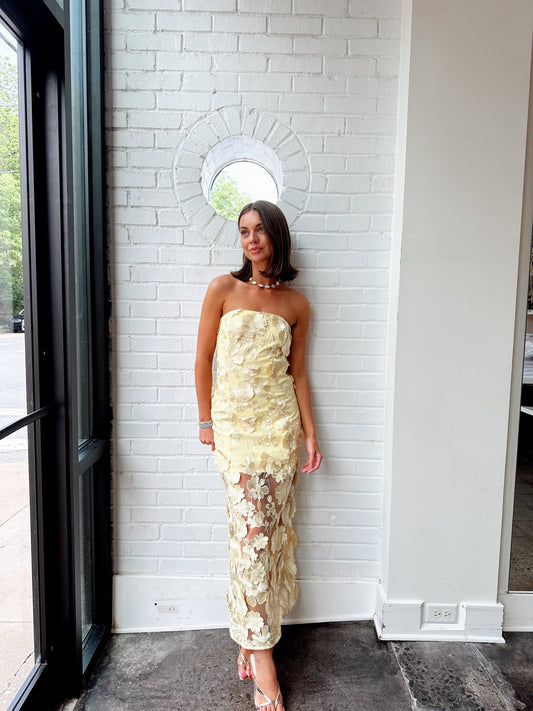 STRAPLESS FLORAL EMBRROIDERED MAXI DRESS