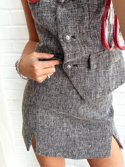 TWEED FRONT SLIT CUTOUT MINI SKIRT