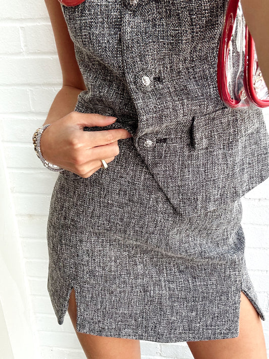 TWEED FRONT SLIT CUTOUT MINI SKIRT