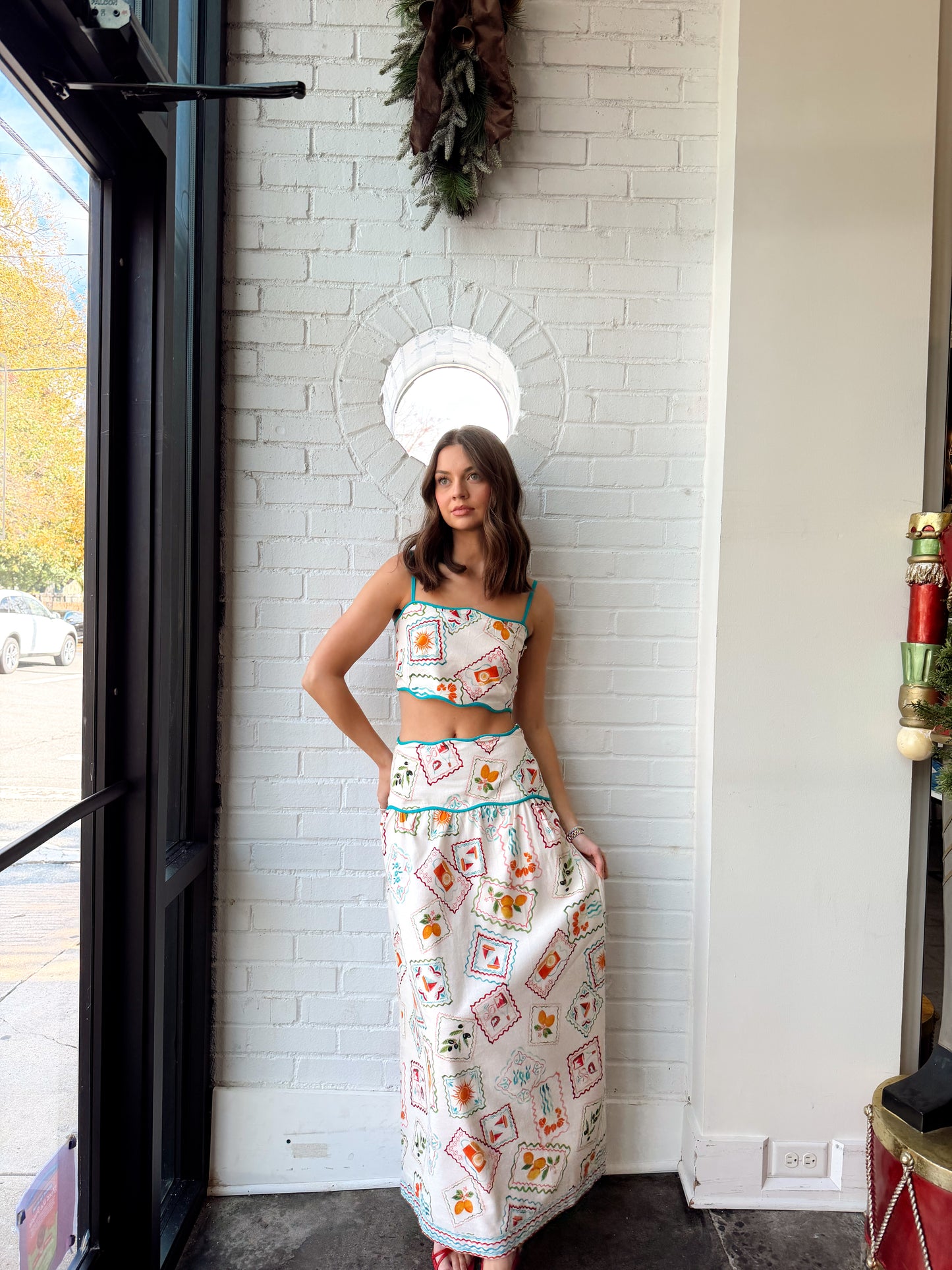 TASHI STAMP PRINT LINEN MIDI SKIRT SET