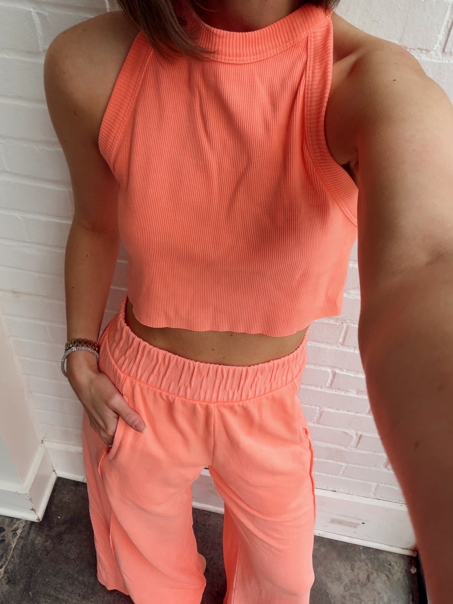 HALTER NECK PANT SET- NEON CORAL