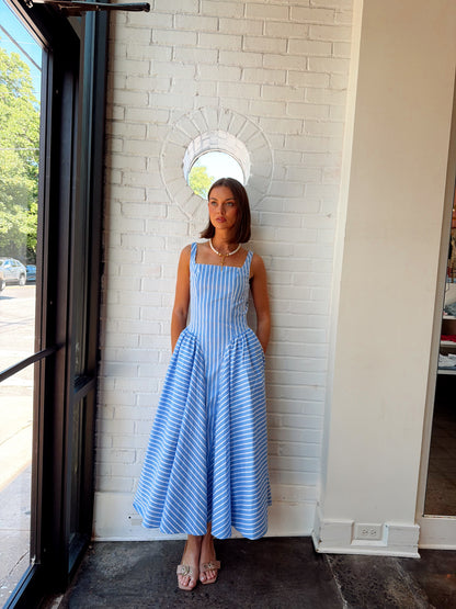 STRIPED SLEEVELESS FLARE MIDI DRESS