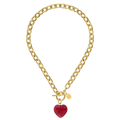 GOLD 16" TOGGLE NECKLACE W/ RED HEART DROP