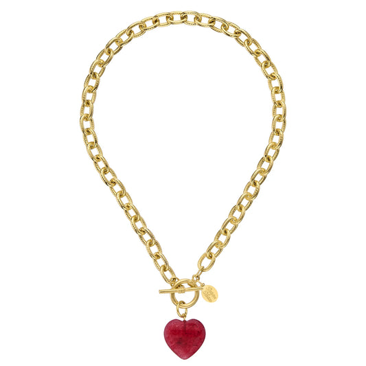 GOLD 16" TOGGLE NECKLACE W/ RED HEART DROP