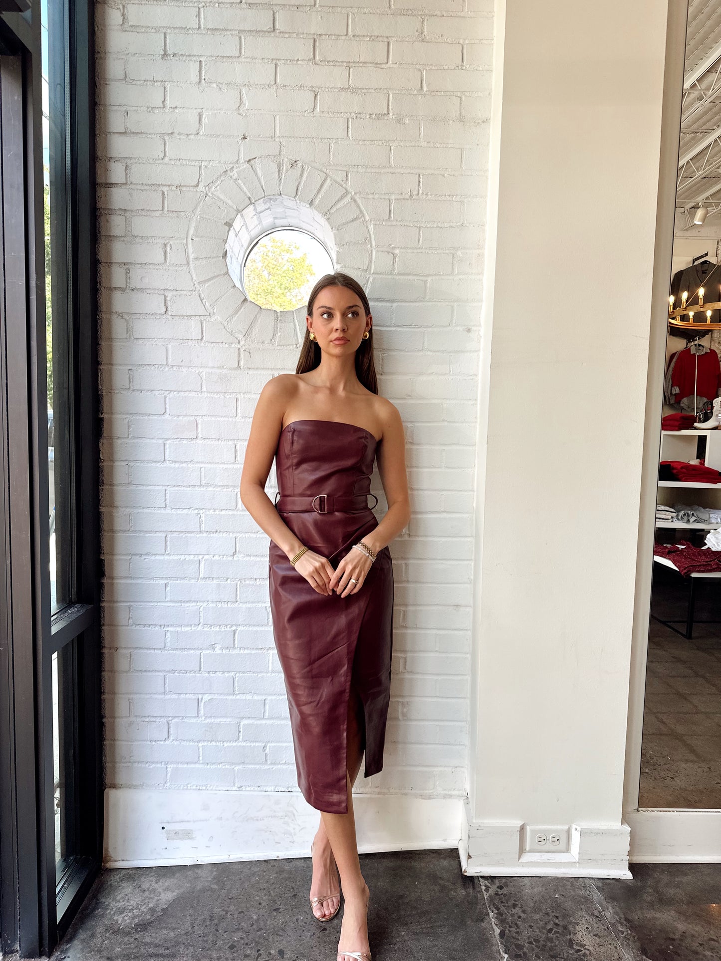 SAMANTHA STRAPLESS VEGAN LEATHER MIDI