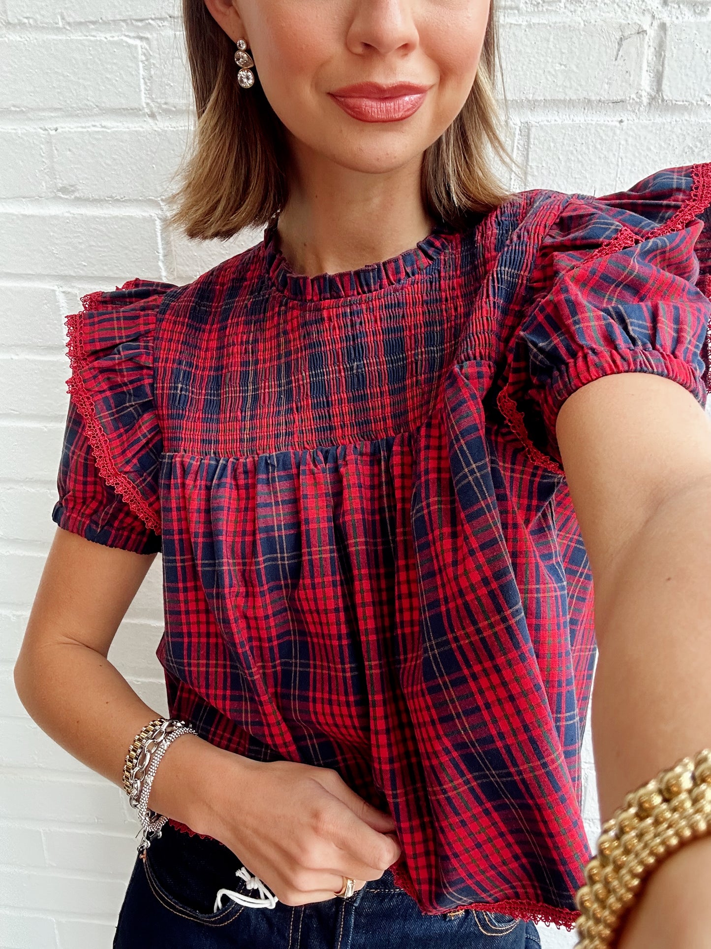 PLAID PUFF SHORT SLEEVE TOP