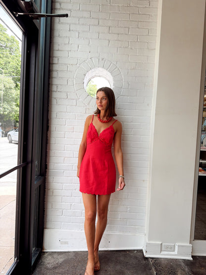LINEN SCALLOP CUT V-NECK MINI DRESS
