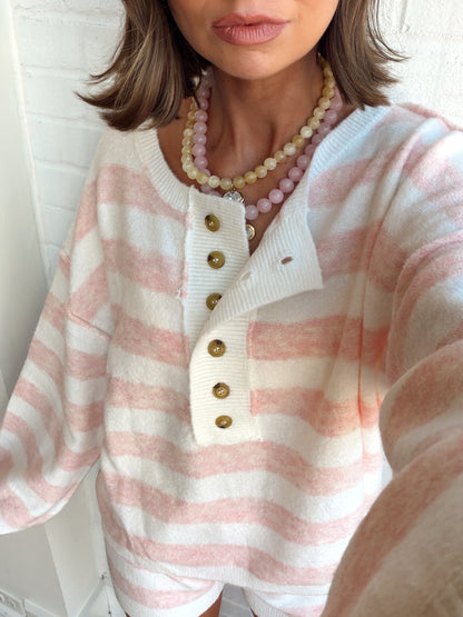 WHITE W/ PINK STRIPE HENLEY SWEATER