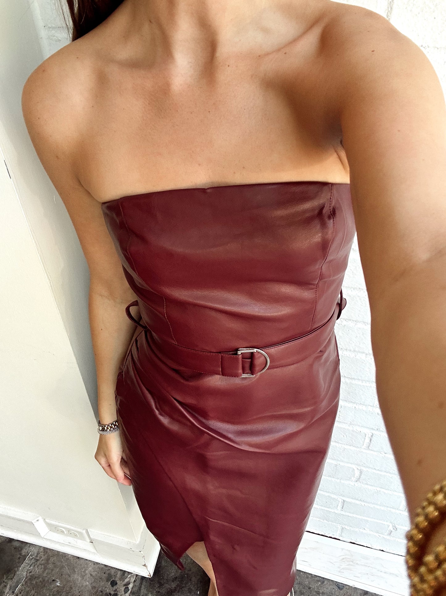 SAMANTHA STRAPLESS VEGAN LEATHER MIDI