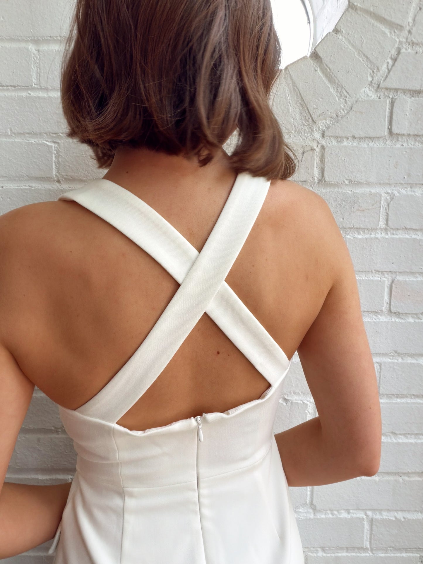 WHISPER CROSS BACK HALTER MINI DRESS