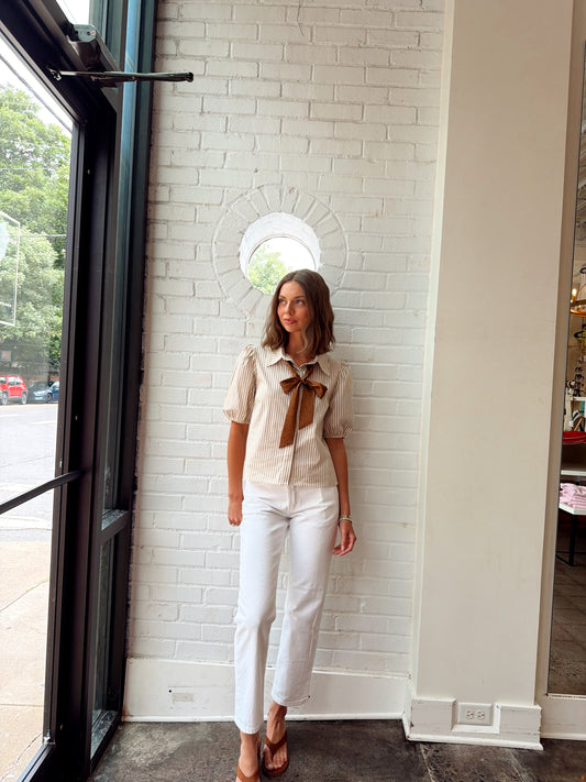 SATIN BOW DETAILED BUTTON DOWN SHIRT TOP