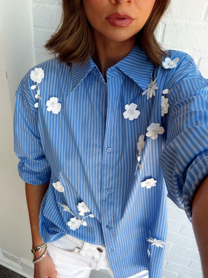 FLOWER TRIM STRIPED SHIRT