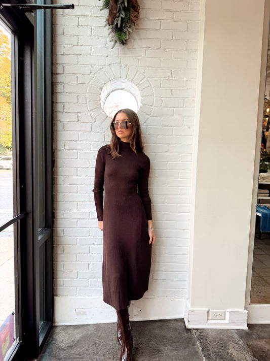 MOCK NECK FLARE MIDI DRESS