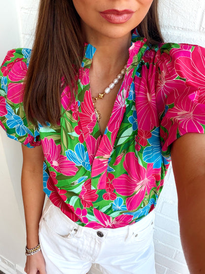 MERVY FLORAL JOSY PUFF SLEEVE TOP