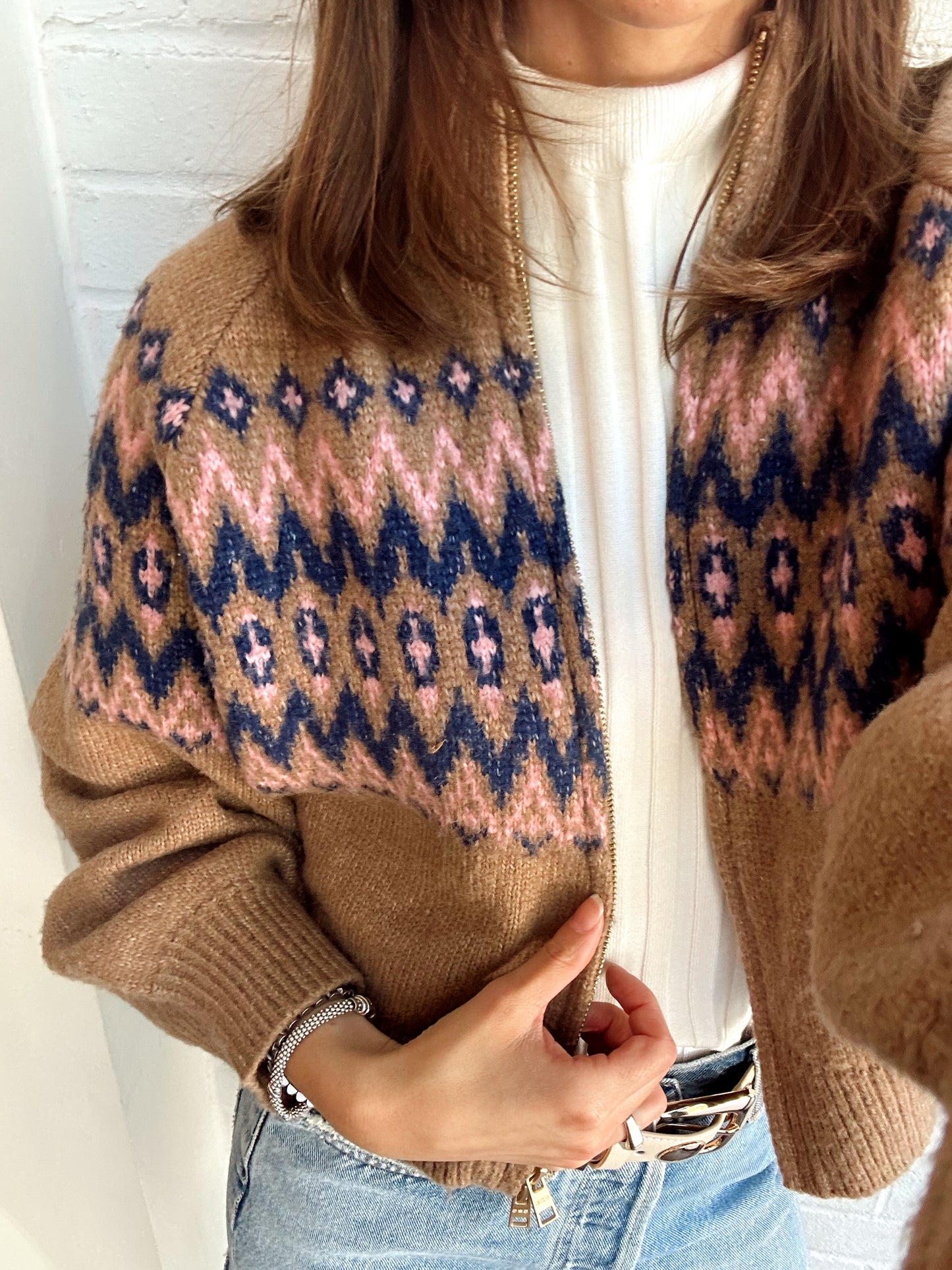 FAIR ISLE ZIP BOMBER JACKET