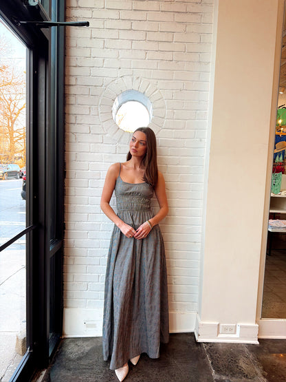 GINGHAM SEERSUCKER SMOCKED WAIST MAXI