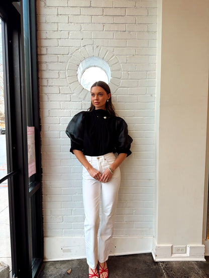 PEARL DETAIL SHEER PUFF SLEEVE BLOUSE