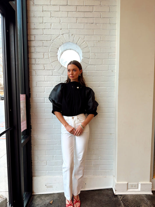 PEARL DETAIL SHEER PUFF SLEEVE BLOUSE