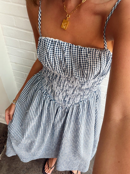 SEERSUCKER GINGHAM MIDI DRESS
