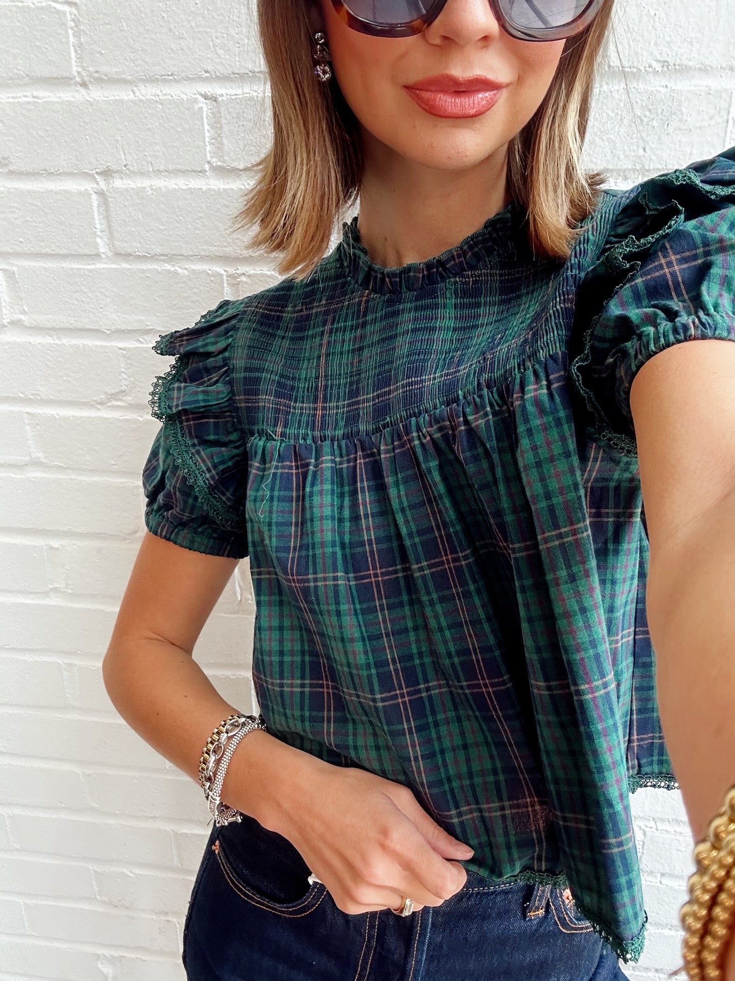 PLAID PUFF SHORT SLEEVE TOP