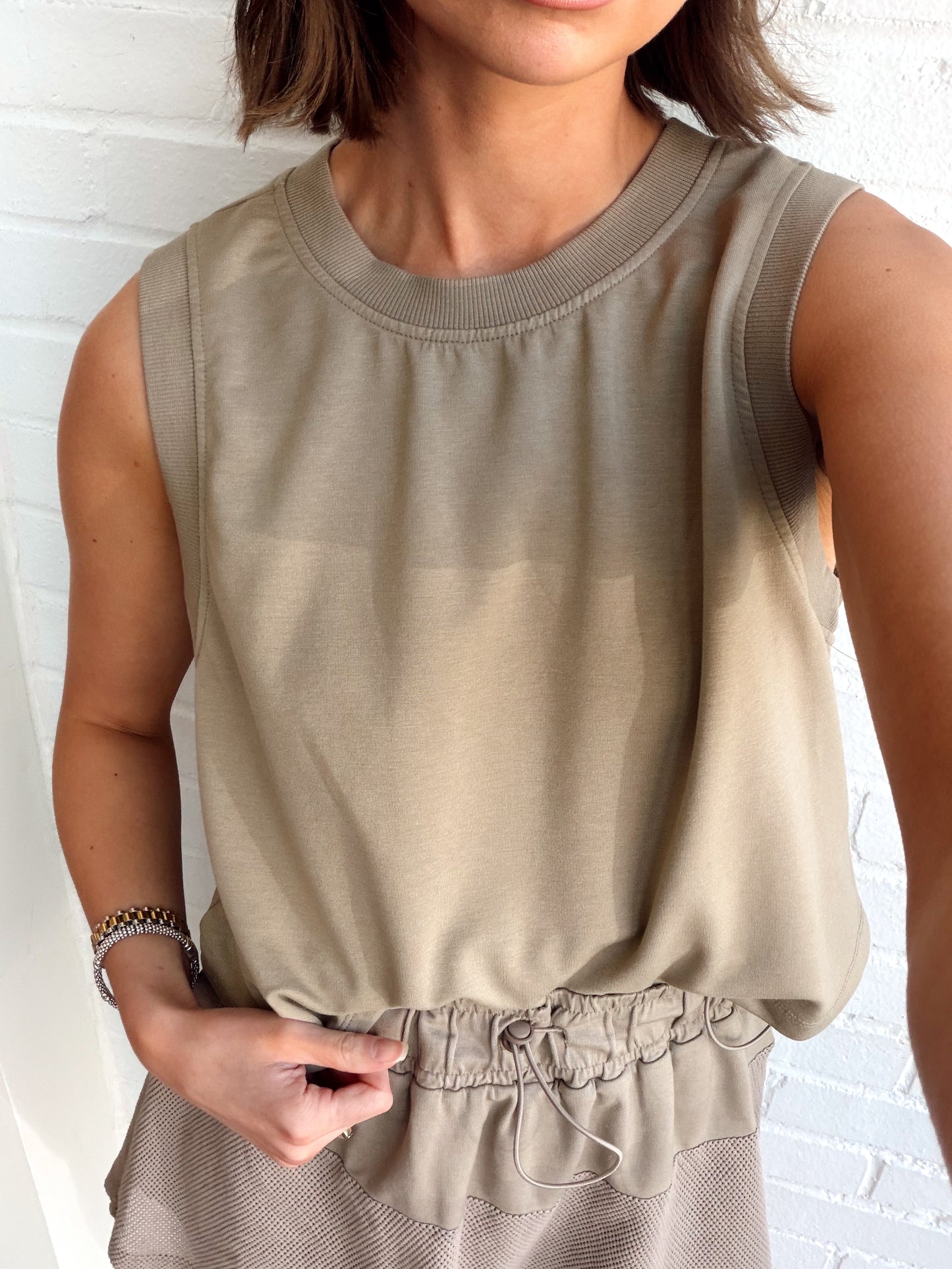 SLEEVELESS COTTON TERRY TOP W/ MESH WAIST