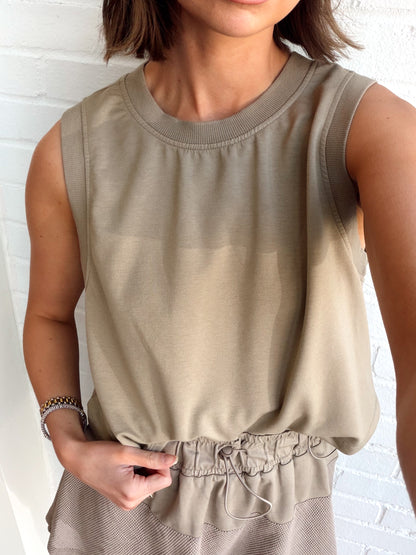SLEEVELESS COTTON TERRY TOP W/ MESH WAIST