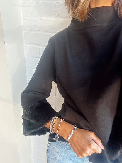 FUR SLEEVE MOCK NECK SWEATER