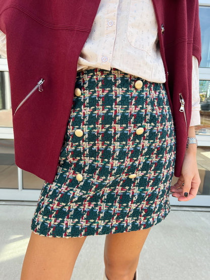 FRONT BUTTON TRIMMED TWEED SKIRT