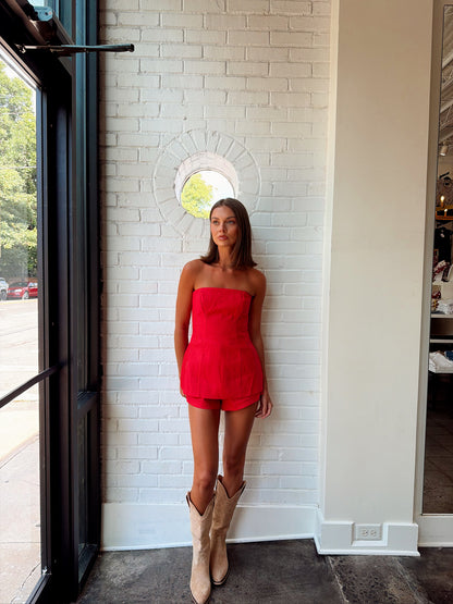 RED LINEN TUBE TOP & SHORT SET